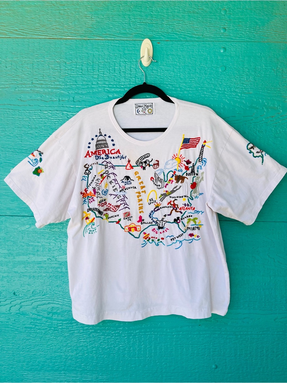 Vintage 90s Swan Magic America The Beautiful Hand Embroidered Map Tee SIZE LARGE - Picture 2 of 8